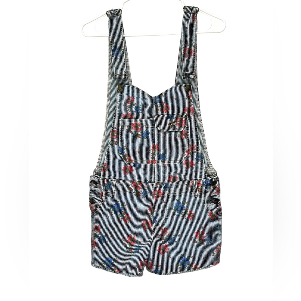 Free People Floral Print Striped Denim Overalls Size 2
